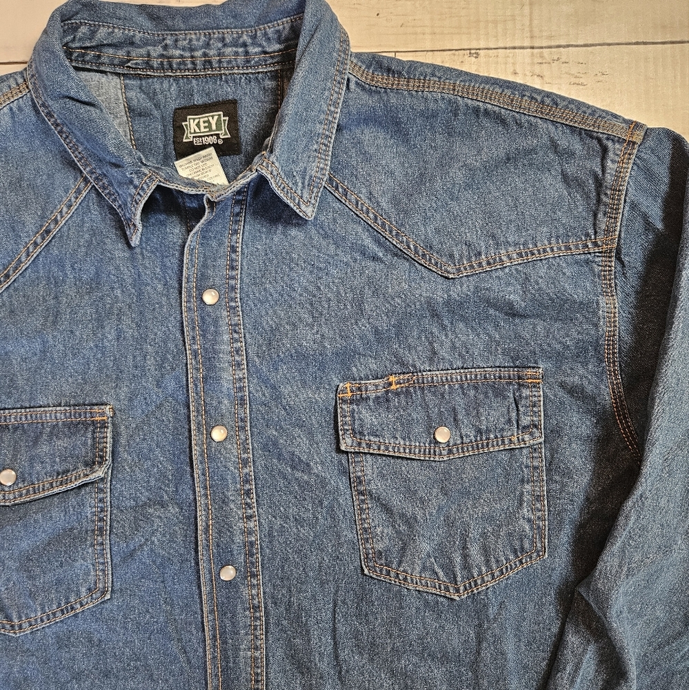 Key Apparel Western Denim Shirt Pearl Snap Buttons Mens 2XLT